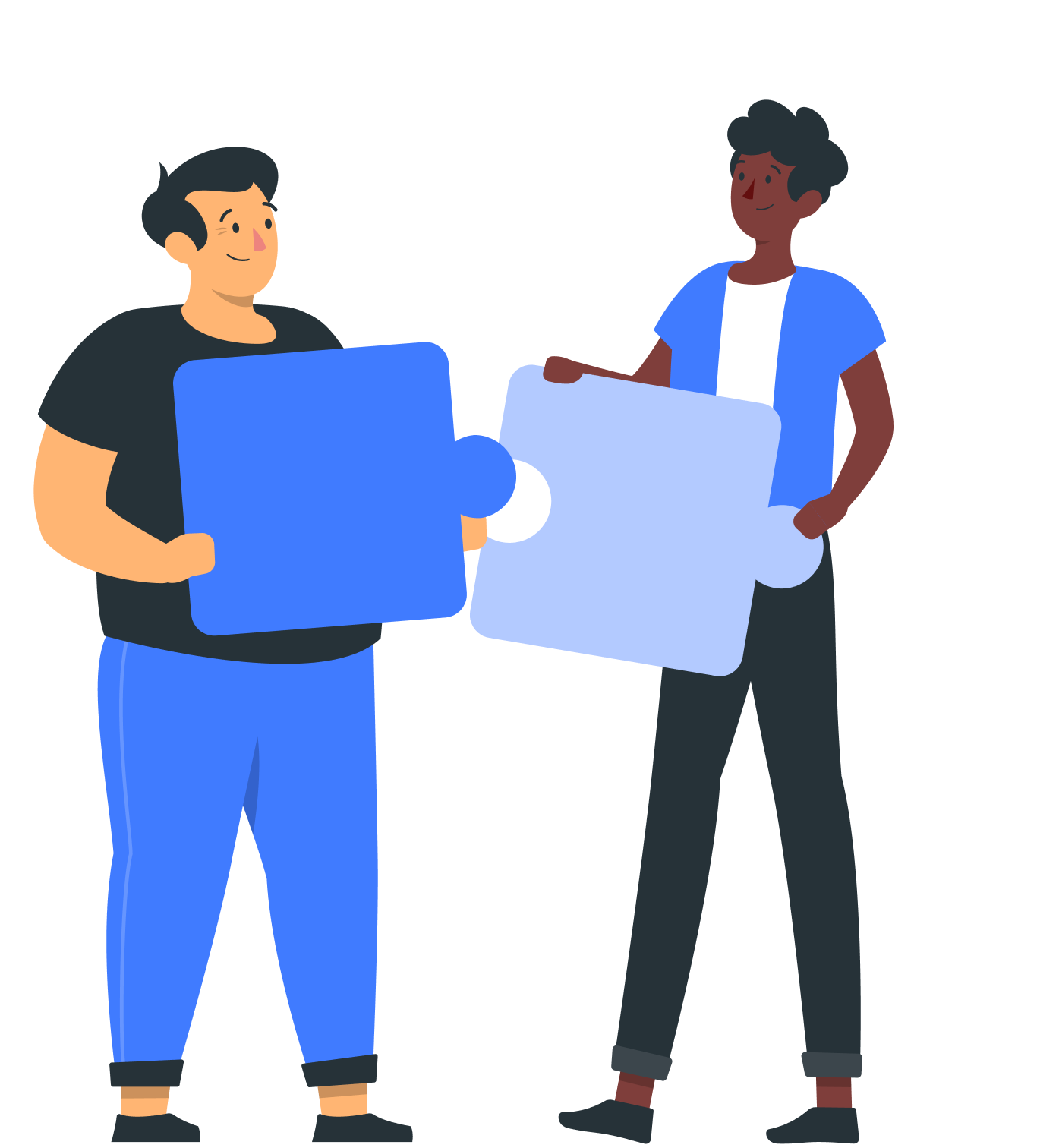 Two teammates fitting puzzle pieces together