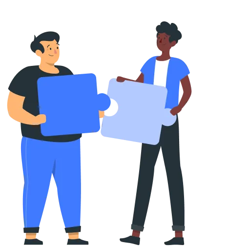 Two teammates fitting puzzle pieces together